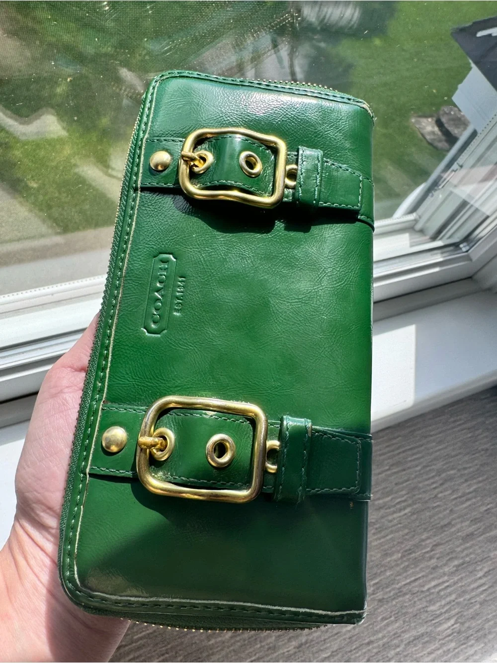 COACH Green Leather Zip Wallet with Gold Buckles